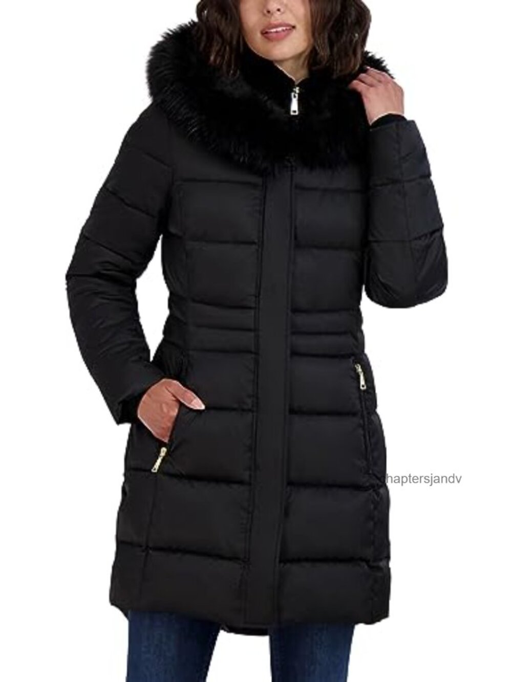 Quilted Puffer Coat with Velvet Bib and Faux Fur Hood Mid-Length